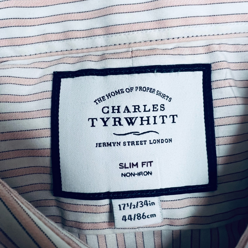 Charles Tyrwhitt Pink, White & Navy Stripe Slim Dress Shirt 17.5-34 - Picture 3 of 3